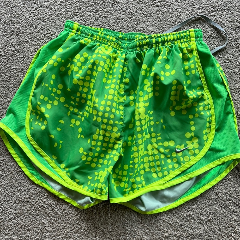 Nike tempo shorts. Lime green with bright yellow polka dots.